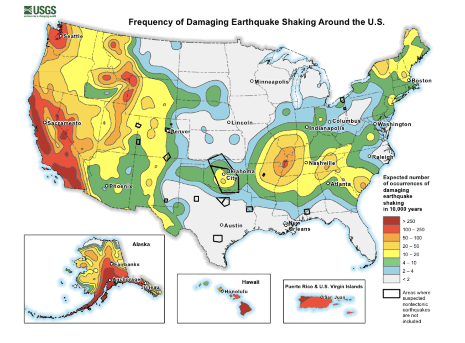 frequency of damaging earthquake shaking around the U.S.