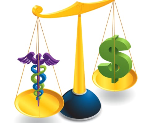 Dollar symbol balances medical symbol on scales.
