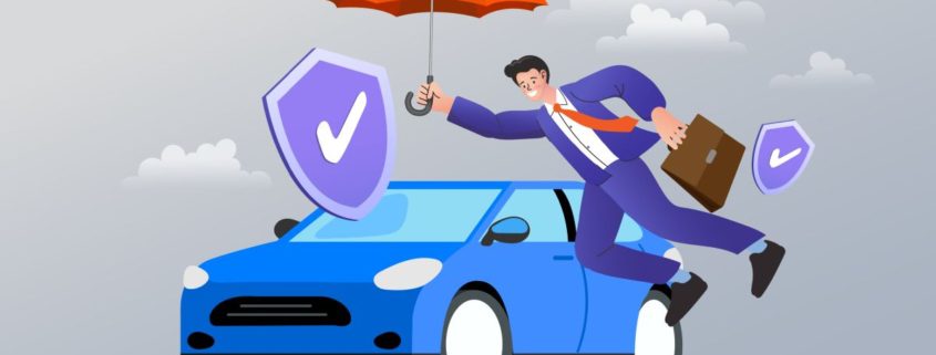 a graphic of a man putting an umbrella over his car to show car insurance